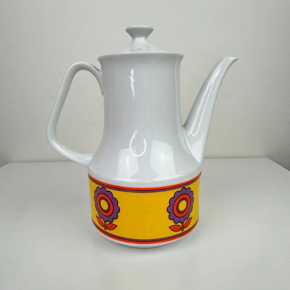 Vintage MCM Mid Century White Purpl Floral Lid Space Age Porcelain Coffee Teapot